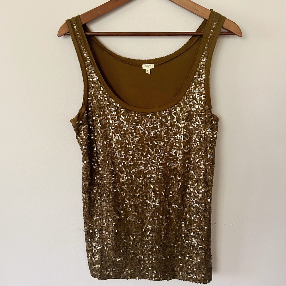 GUC J.Crew Cotton-back sequin tank, Dark Olive Green, Size Med